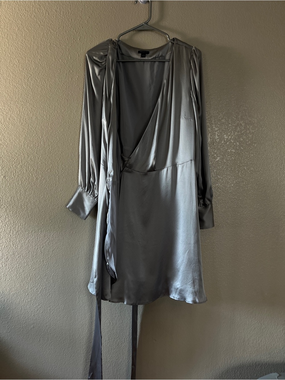Ann Taylor silk Silver Satin Wrap Mini Dress - Picture 7 of 8